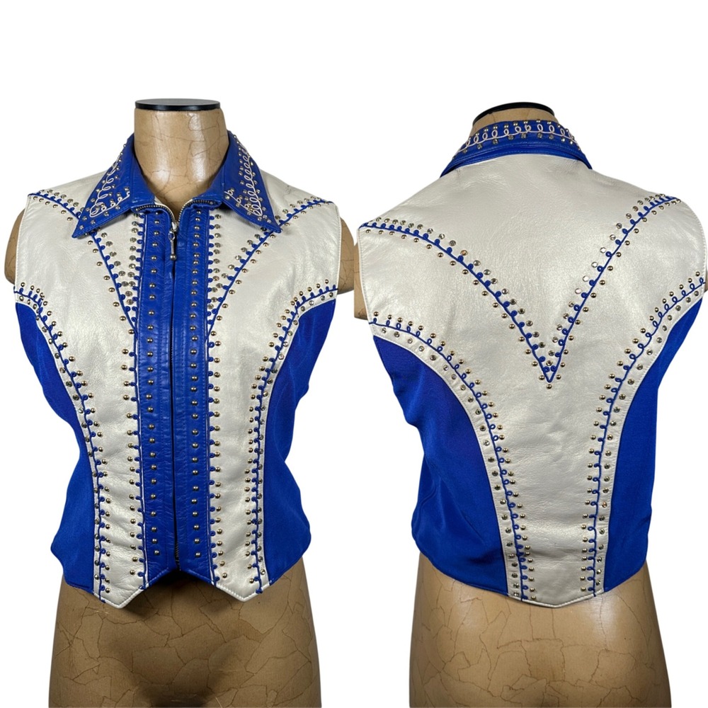 Vintage Blue White Leather Studded Western Show Vest‎ Rhinestone Rodeo Horse